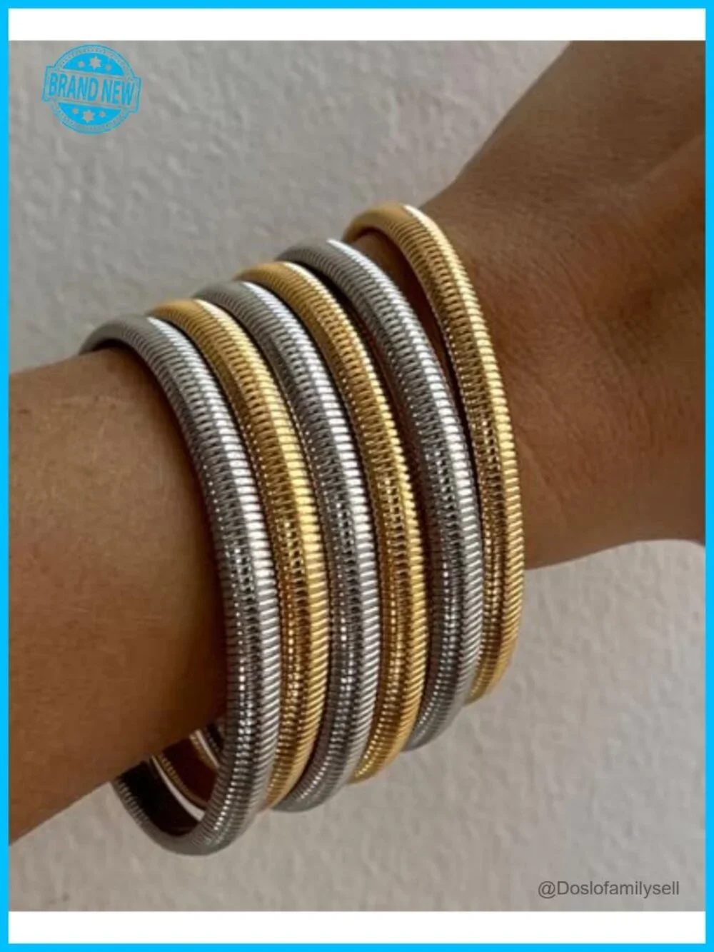 Chunky Bangle Waterproof Bracelets Set 8MM Elastic Stainless Steel Gold Filled